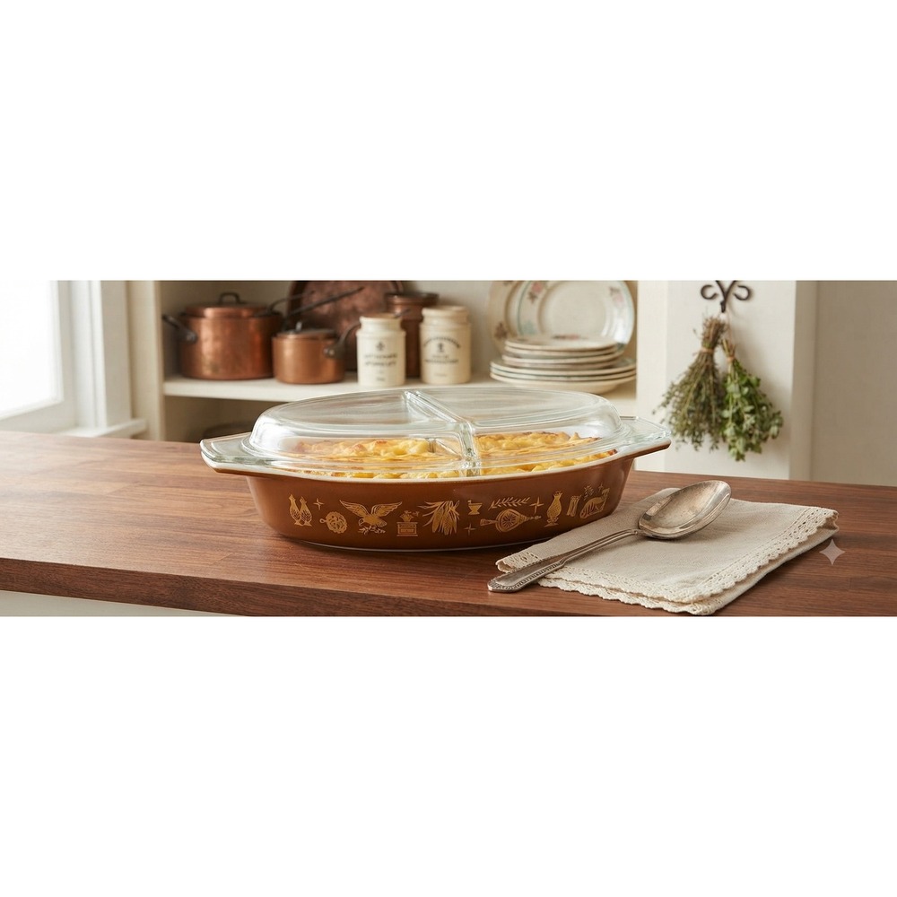 Vintage Pyrex Early American 1.5 Quart Divided Casserole Dish 043 Brown Gold Lid